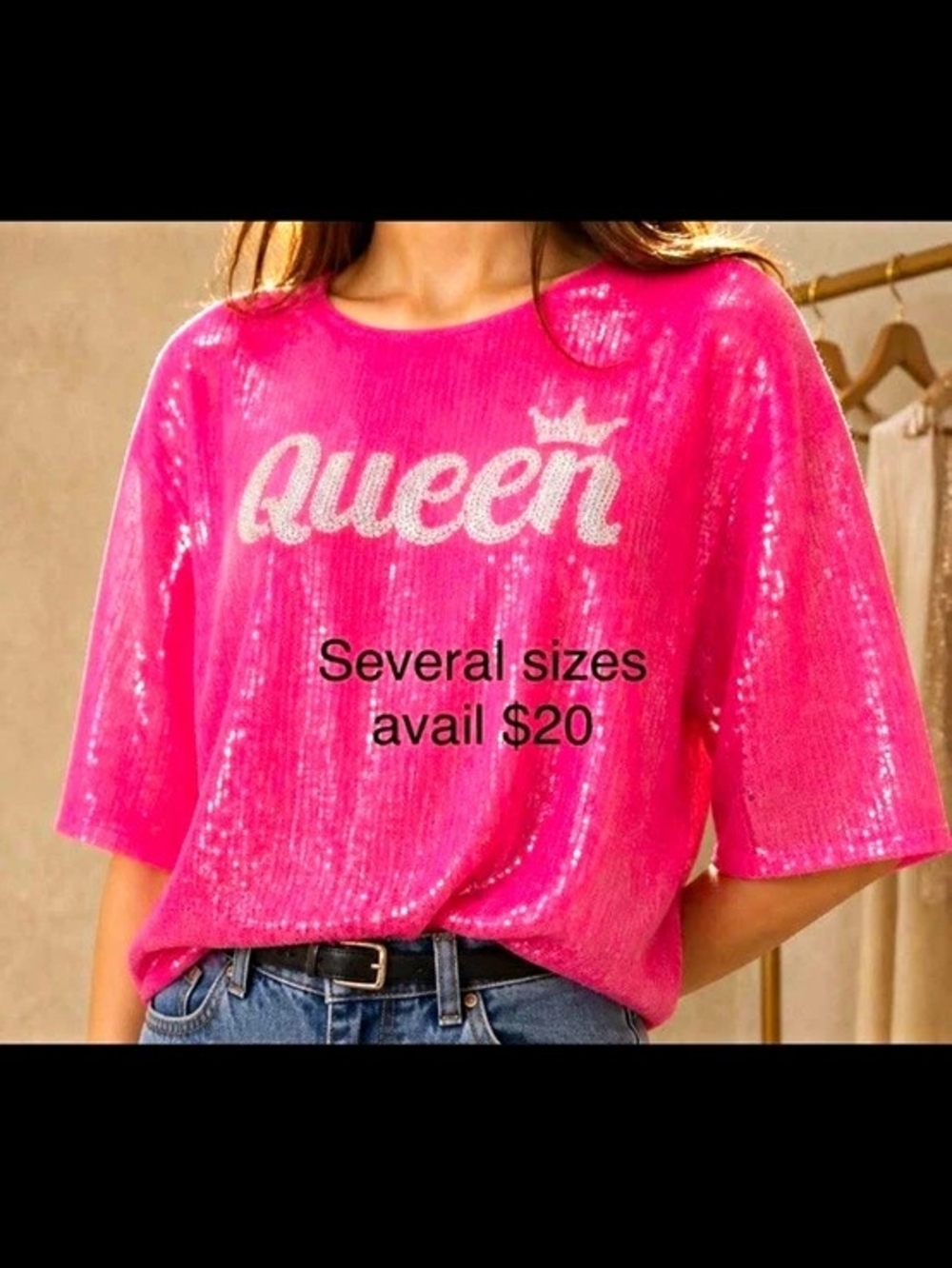 Women’s Pink Glitter Queen Graphic Pullover T-Shirt 3/4 Sleeve S,M,L oversized